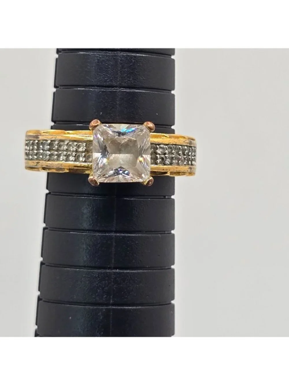 SETA Vintage Faux Engagement Ring Gold Tone Princess cut Rhinestone Sz 8 Signed